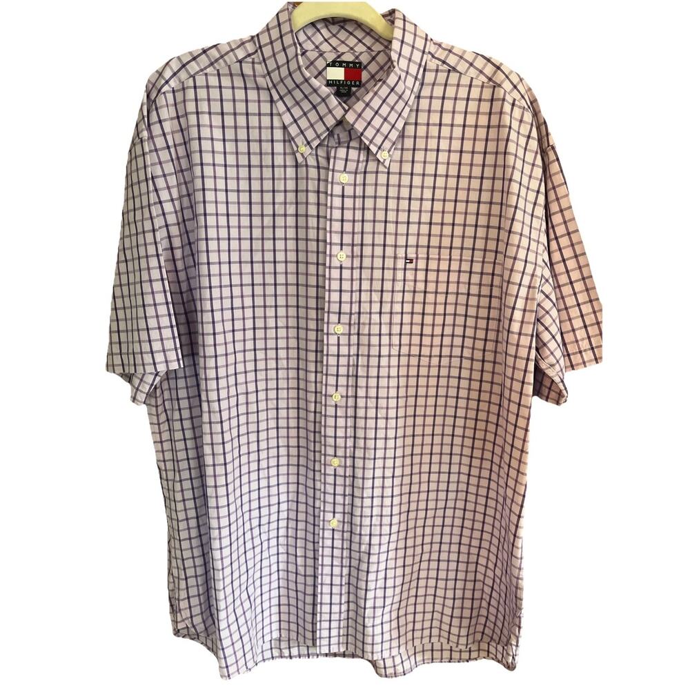 Tommy Hilfiger Shirt Mens XL Purple Blue Plaid Custom Button Down Short Sleeve